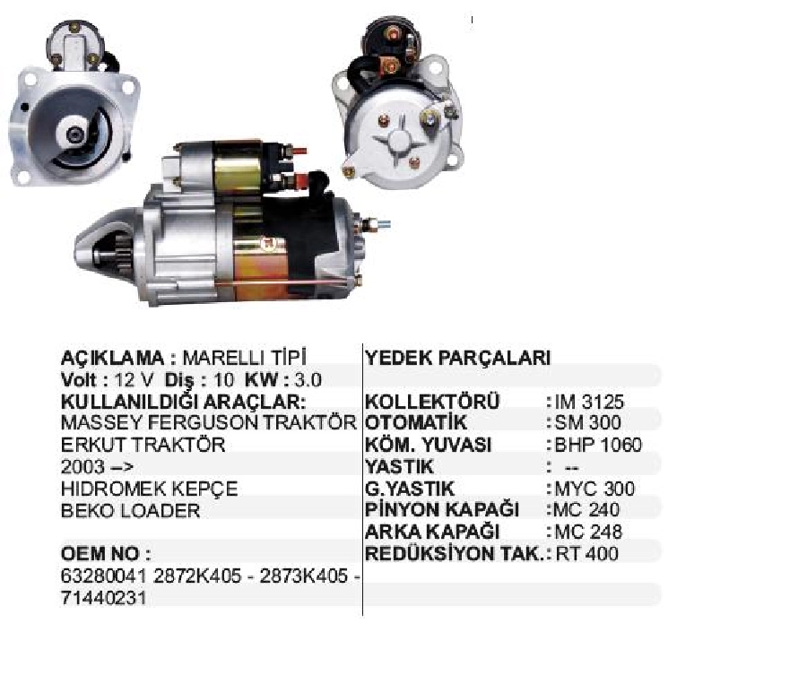 Marş Motoru 12V 10D 3,0 kW Marelli Tipi - Mf 3050 -3060 Pantom-MF260 Gold-Erkunt Traktör, Hidromek Kep | OEM STR4590