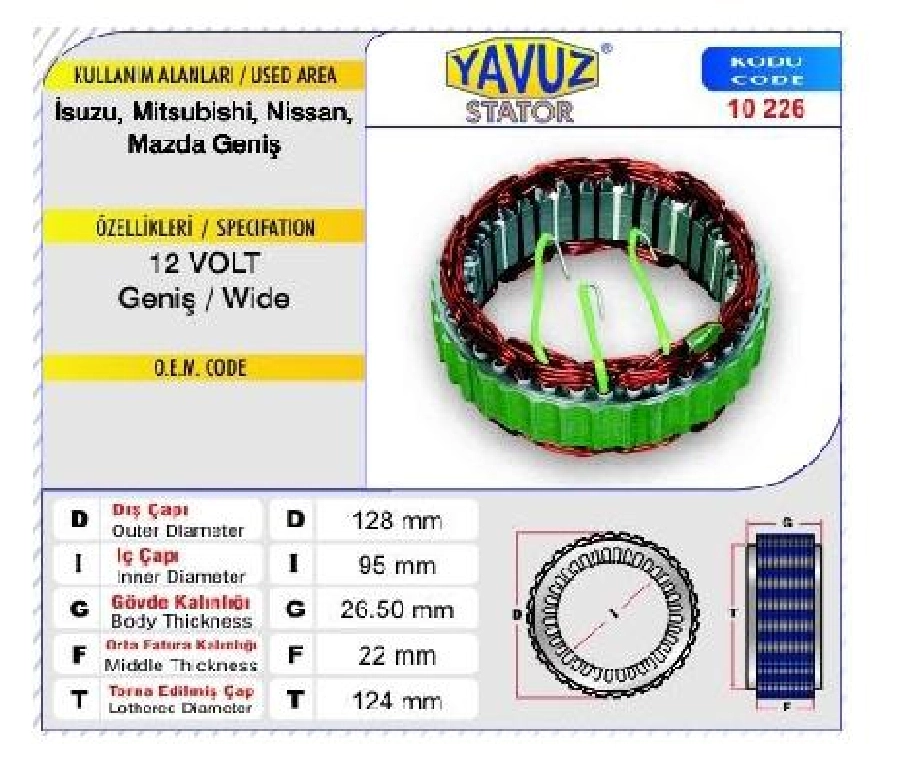 Statör Japon Tip 12V 60A Nissan Mitsubishi Isuzu Mazda { Geniş } (10226) | OEM 140112