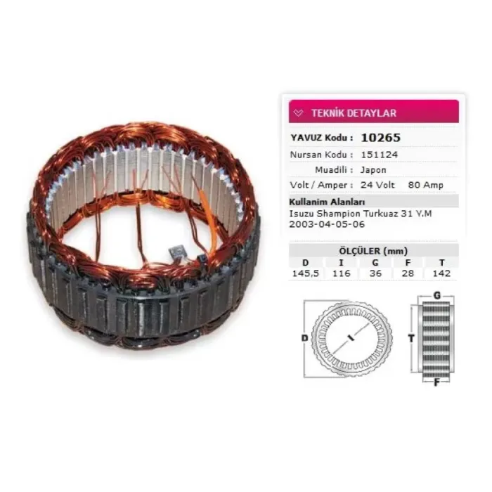 Alternator Stator Mitsubishi Tip 24V 80A Isuzu Champion Turkuaz 31 Ym 2003 04 05 06 Nursan 151124 | YAVUZ 10 265 | OEM 8972493310 L280G1200 LR280501 LR280506 LR280508