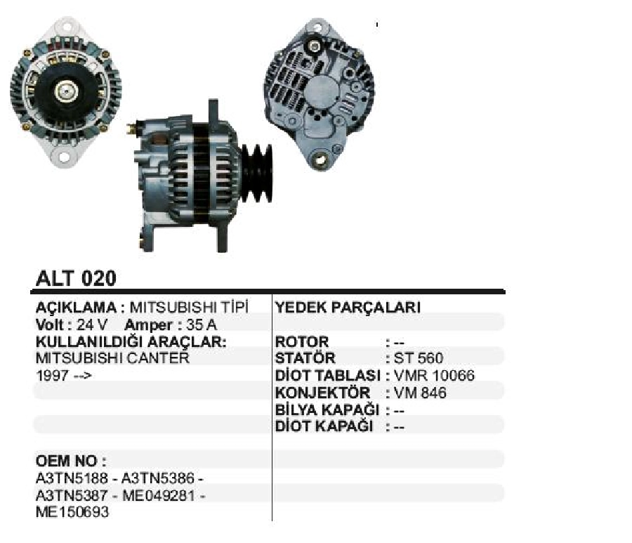 Alternatör 24V, 35A Mitsubishi Tipi Mitsubishi Fuso Canter F659 1997 ve sonrası Hyundai HB350 Kamyon Yeni Model Çift Kasnak Vakum | OEM ALT020