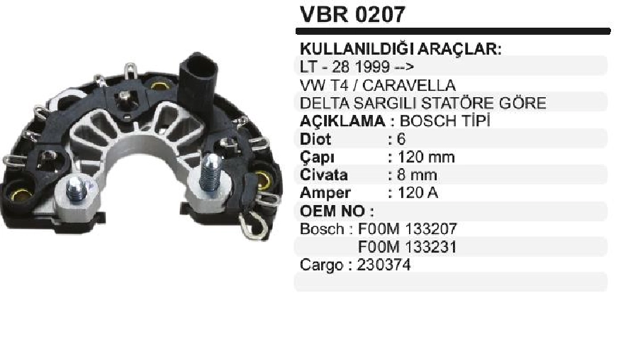 Diyot Tablası Bosch Tipi VW T4, Caravella, LT35 120A Delta Sargılı Statöre Göre | OEM VBR0207